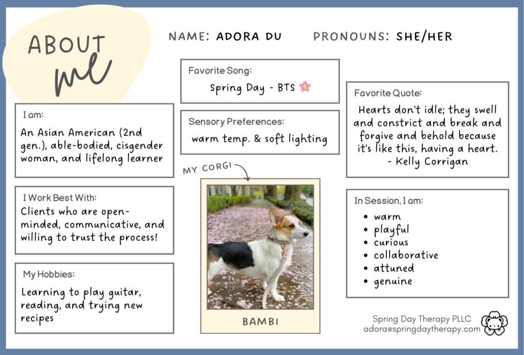 Spring Day Therapy - All About Me graphic providing information about Adora Du, LMHCA